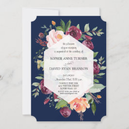 Invitation Burgundy Blush Ivory Floral Mariage bleu foncé