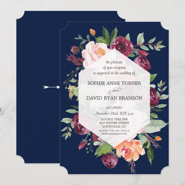 Invitation Burgundy Blush Ivory Floral Mariage bleu foncé (Devant / Derrière)