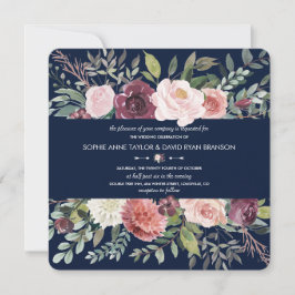Invitation Burgundy Blush Ivory Floral Navy Mariage bleu