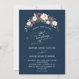 Invitation Burgundy Blush Ivory Floral Navy Mariage bleu
