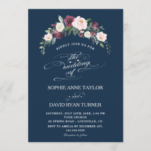 Invitation Burgundy Blush Ivory Floral Navy Mariage bleu