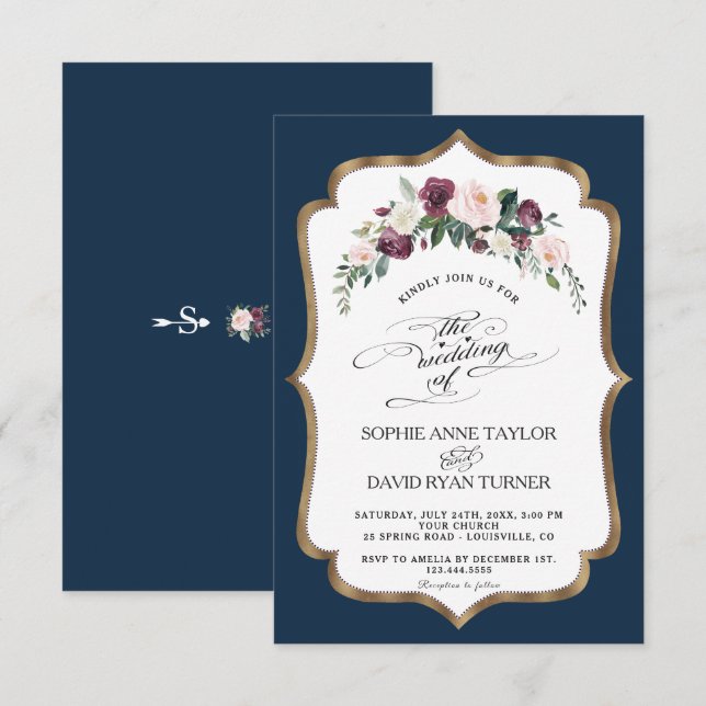 Invitation Burgundy Blush Ivory Florom Gold Mariage (Devant / Derrière)