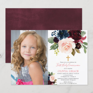 Invitation Burgundy blush marine fille première communion pho