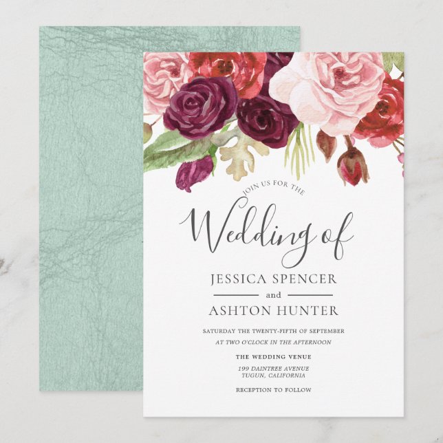 Invitation Burgundy Blush Mint tendance All Seasons Mariage (Devant / Derrière)