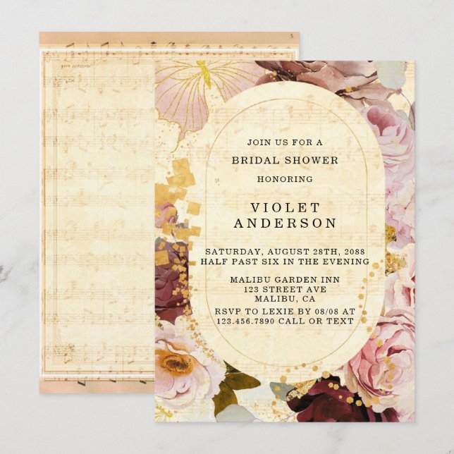 Invitation Burgundy Blush Musical Floral Fête des mariées (Devant / Derrière)