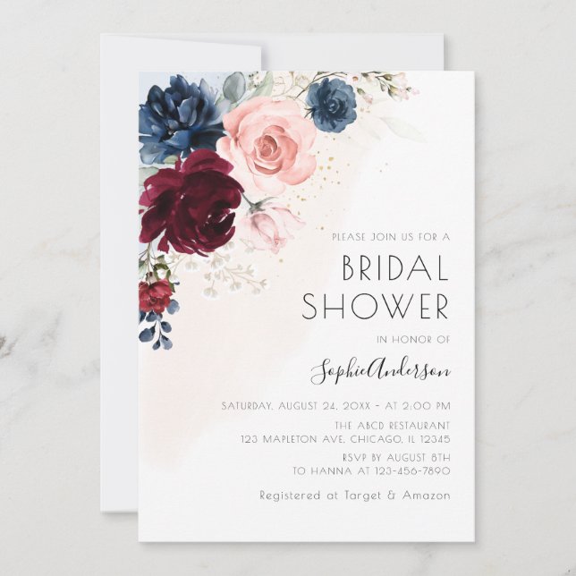 Invitation Burgundy Blush Navy Blue Floral Boho Fête des mari (Devant)