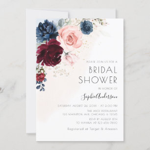 Invitation Burgundy Blush Navy Blue Floral Boho Fête des mari
