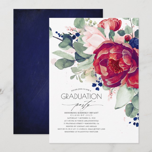 Invitation Burgundy Blush Navy Blue Floral Graduation Party (Devant / Derrière)