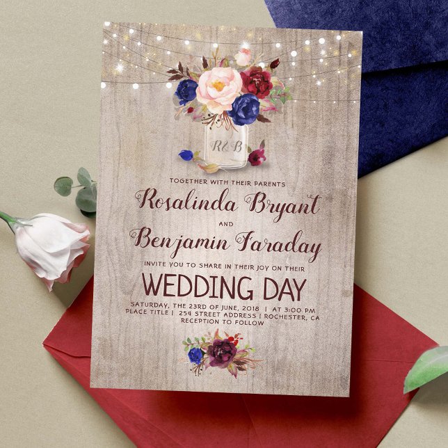 Invitation Burgundy Blush Navy Blue Floral Rustic Mariage (Floral Mason Jar Fall Wedding Rustic Invitations)