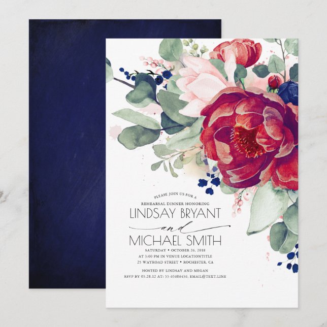 Invitation Burgundy Blush Navy Dîner de répétition Florale Bl (Devant / Derrière)