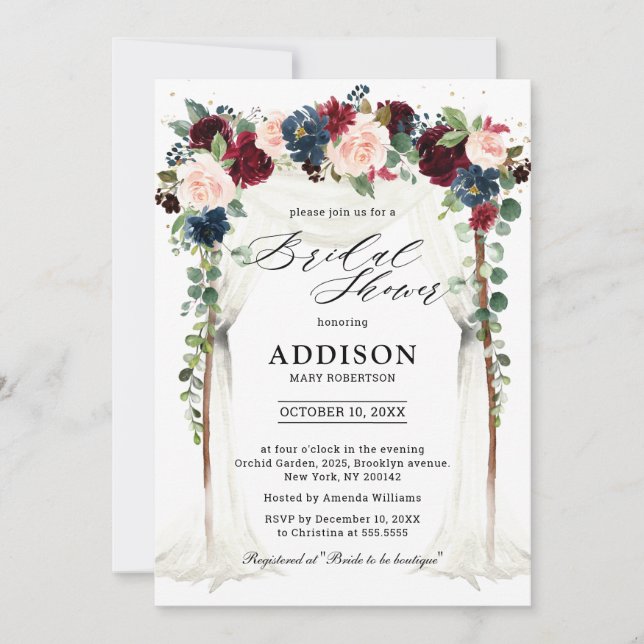 Invitation Burgundy Blush Navy Floral Arch Fête des mariées (Devant)