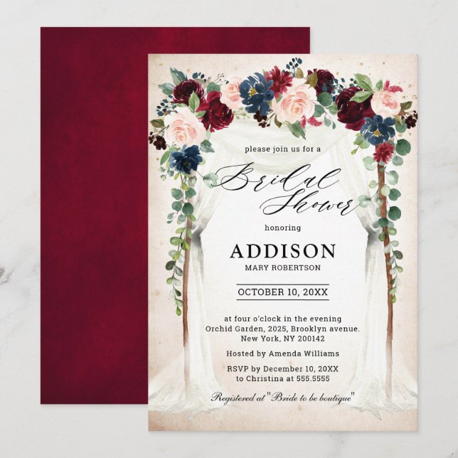 Invitation Burgundy Blush Navy Floral Arch Fête des mariées (Devant / Derrière)
