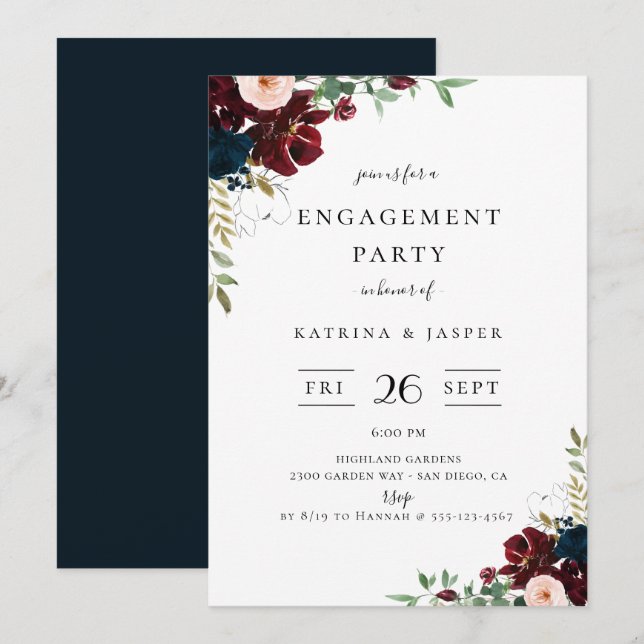 Invitation Burgundy Blush Navy Floral Engagement Party (Devant / Derrière)