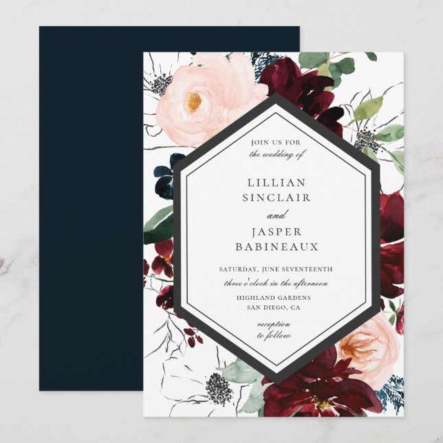 Invitation Burgundy Blush Navy Floral Frame Mariage (Devant / Derrière)