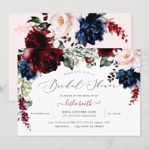 Invitation Burgundy Blush Navy Flowers Fête des mariées
