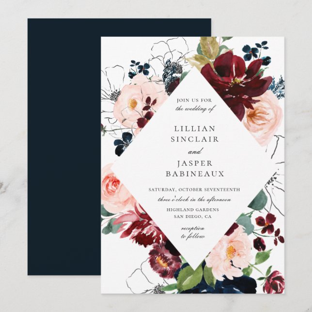 Invitation Burgundy Blush Navy Peint Floral Mariage (Devant / Derrière)