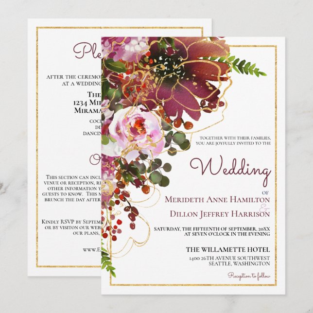 Invitation Burgundy Blush Or Floral Tout en un Mariage (Devant / Derrière)