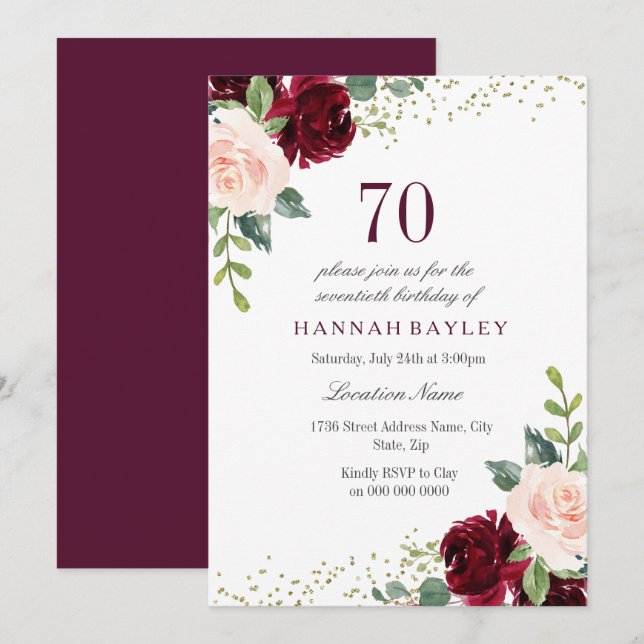 Invitation Burgundy Blush Parties scintillant 70e fête d'anni (Devant / Derrière)