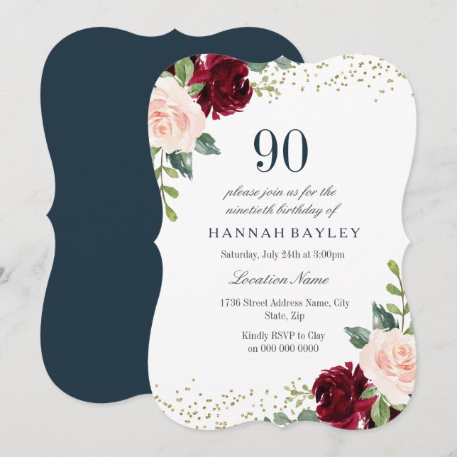 Invitation Burgundy Blush Parties scintillant 90e anniversair (Devant / Derrière)