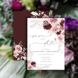 Invitation Burgundy Blush Pink Floral Photo Enregistrer la da
