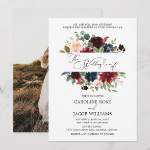 Invitation Burgundy Blush Pink Navy Blue Floral Photo Mariage