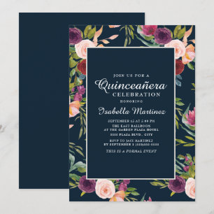 Invitation Burgundy Blush Pink Navy Floral Quinceañera