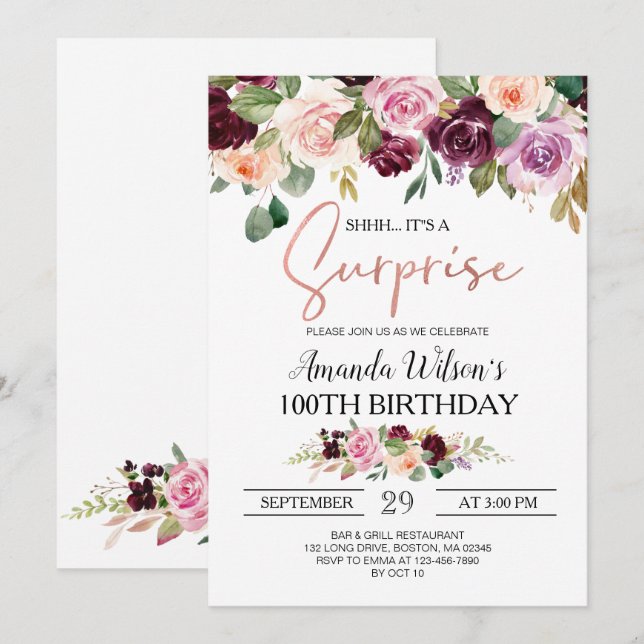 Invitation Burgundy Blush Pink Script Surprise fête d'anniver (Devant / Derrière)