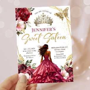 Invitation Burgundy Blush Princess Tiara Floral Sweet 16