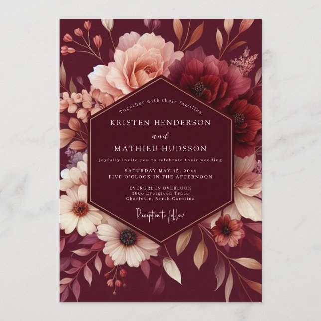 Invitation Burgundy Blush Romantic Wedding (Devant)