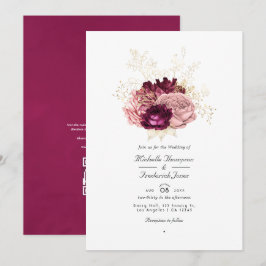Invitation Burgundy Blush rose et or QR Code RSVP Mariage