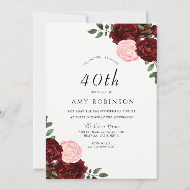 Invitation Burgundy Blush Rose fête du 40e anniversaire (Devant)