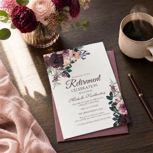 Invitation Burgundy Blush rose Floral Feuille retraite