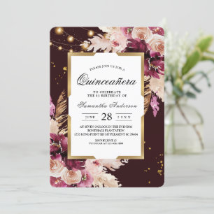 Invitation Burgundy Blush rose Floral & Gold Frame & Lumières