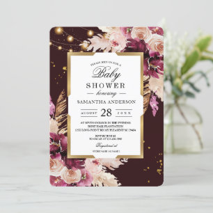 Invitation Burgundy Blush rose Floral & Gold Frame & Lumières