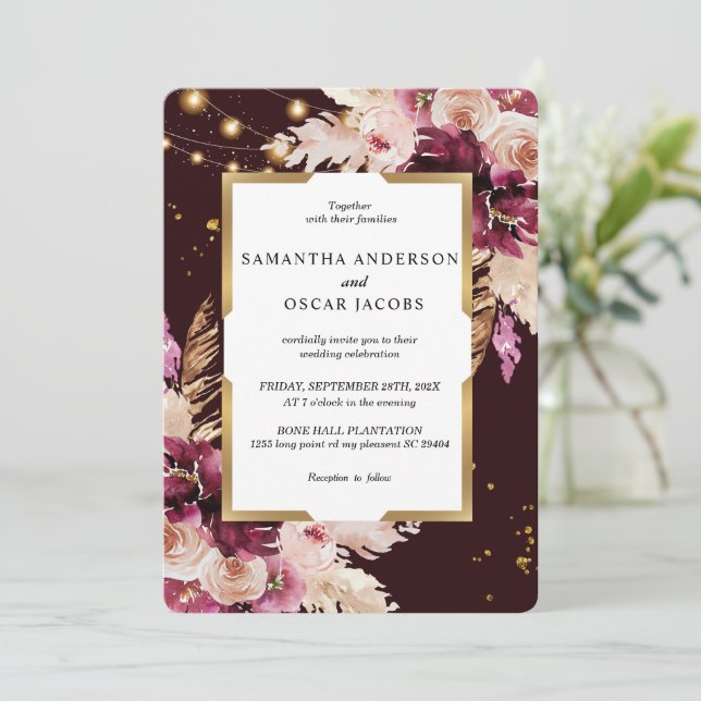 Invitation Burgundy Blush rose Floral & Gold Frame & Lumières (Debout devant)