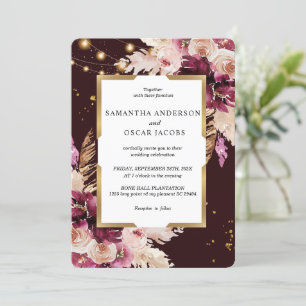 Invitation Burgundy Blush rose Floral & Gold Frame & Lumières