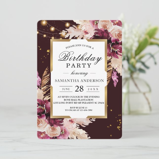 Invitation Burgundy Blush rose Floral & Gold Frame & Lumières (Debout devant)