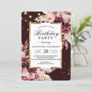 Invitation Burgundy Blush rose Floral & Gold Frame & Lumières