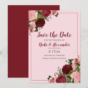 Invitation Burgundy Blush Rose Floral Mariage Date de sauvega