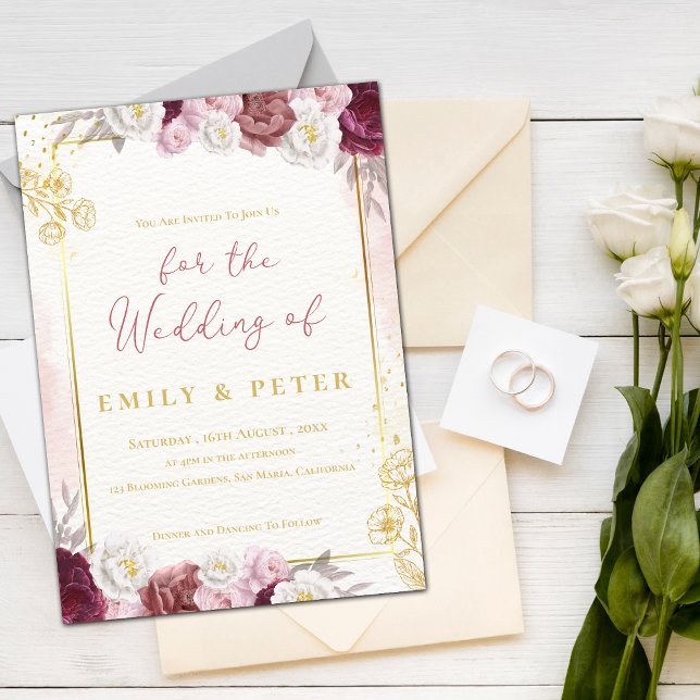 Invitation Burgundy Blush rose Floral Mariage frontière or (Burgundy Blush Pink Floral Gold Border Wedding Invitation)