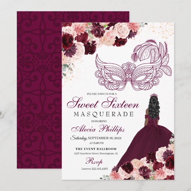 Invitation Burgundy Blush rose Floral Masquerade Sweet 16 Inv (Devant / Derrière)