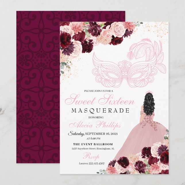 Invitation Burgundy Blush rose Floral Masquerade Sweet 16 Inv (Devant / Derrière)