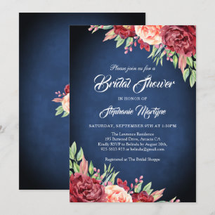 Invitation Burgundy Blush Rose Floral Navy Fête des mariées