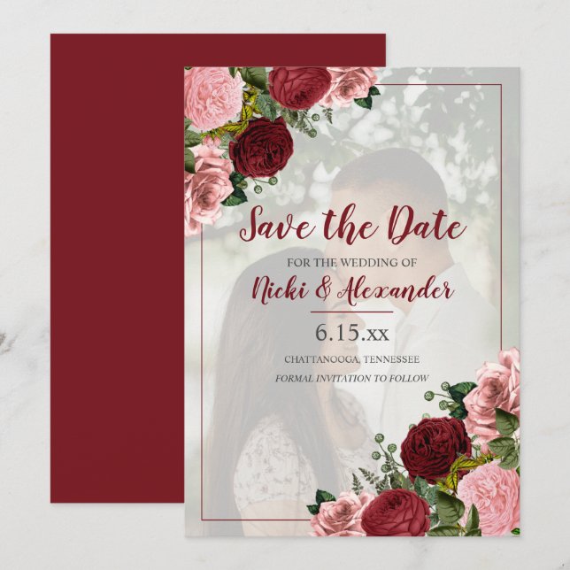 Invitation Burgundy Blush rose Mariage Floral Enregistrer Dat (Devant / Derrière)