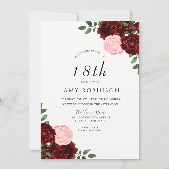 Invitation Burgundy Blush Roses 18ème anniversaire (Devant)