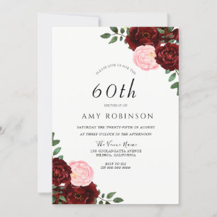 Invitation Burgundy Blush Roses 60e fête d'anniversaire