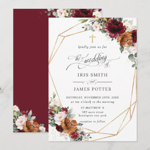 Invitation Burgundy Blush Rouille Orange Floral Église Mariag