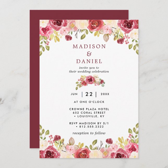 Invitation Burgundy Blush Rustic Floral Mariage (Devant / Derrière)
