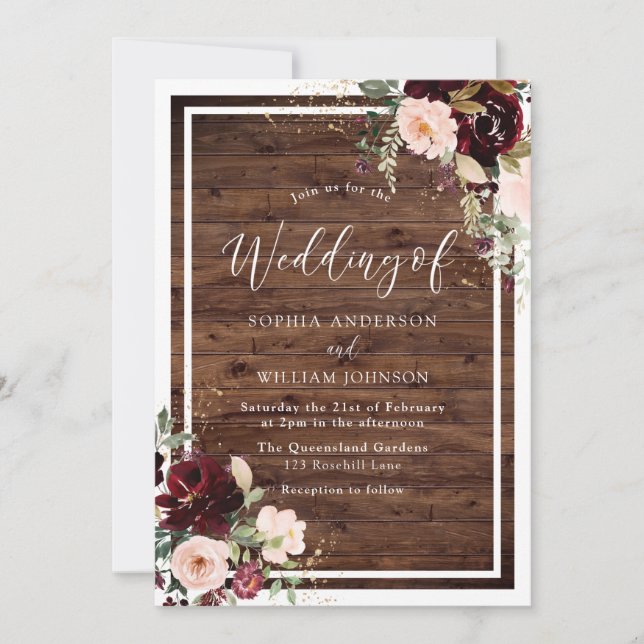 Invitation Burgundy Blush Vin rouge Floral Rustique Mariage b (Devant)