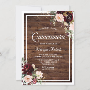 Invitation Burgundy Blush Vin Rouge Floral Rustique Quinceane